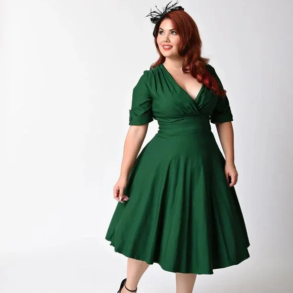 Unique Vintage Delores 1950s Emerald Green Swing Dress XXL - Picture 1 of 10